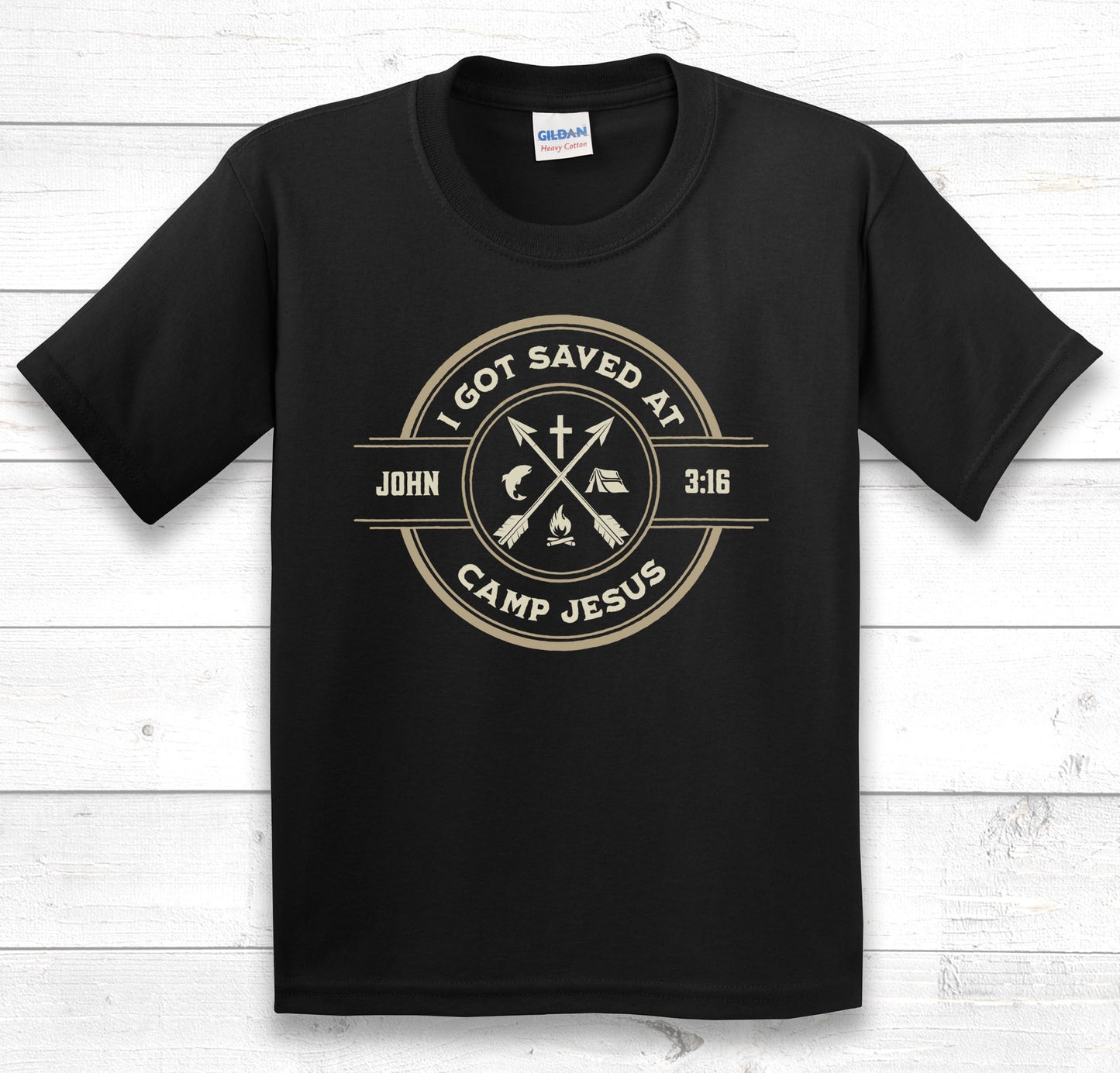 I Got Saved At Camp Jesus kids t-shirt in black