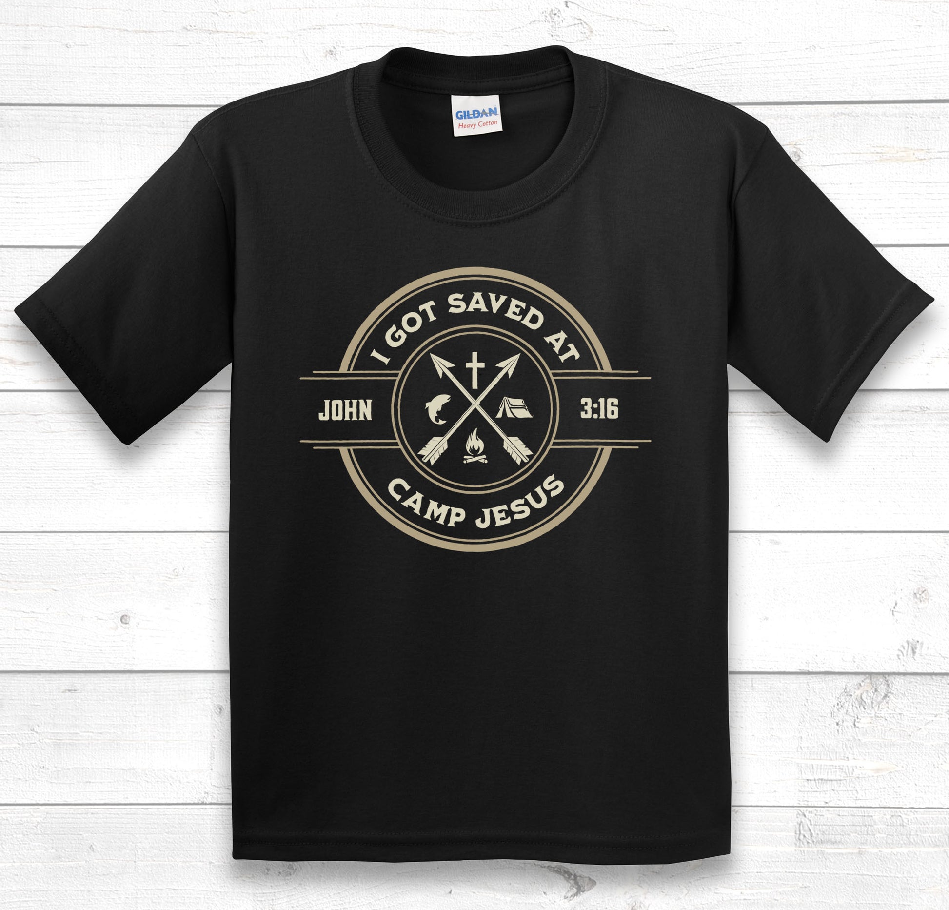 I Got Saved At Camp Jesus kids t-shirt in black