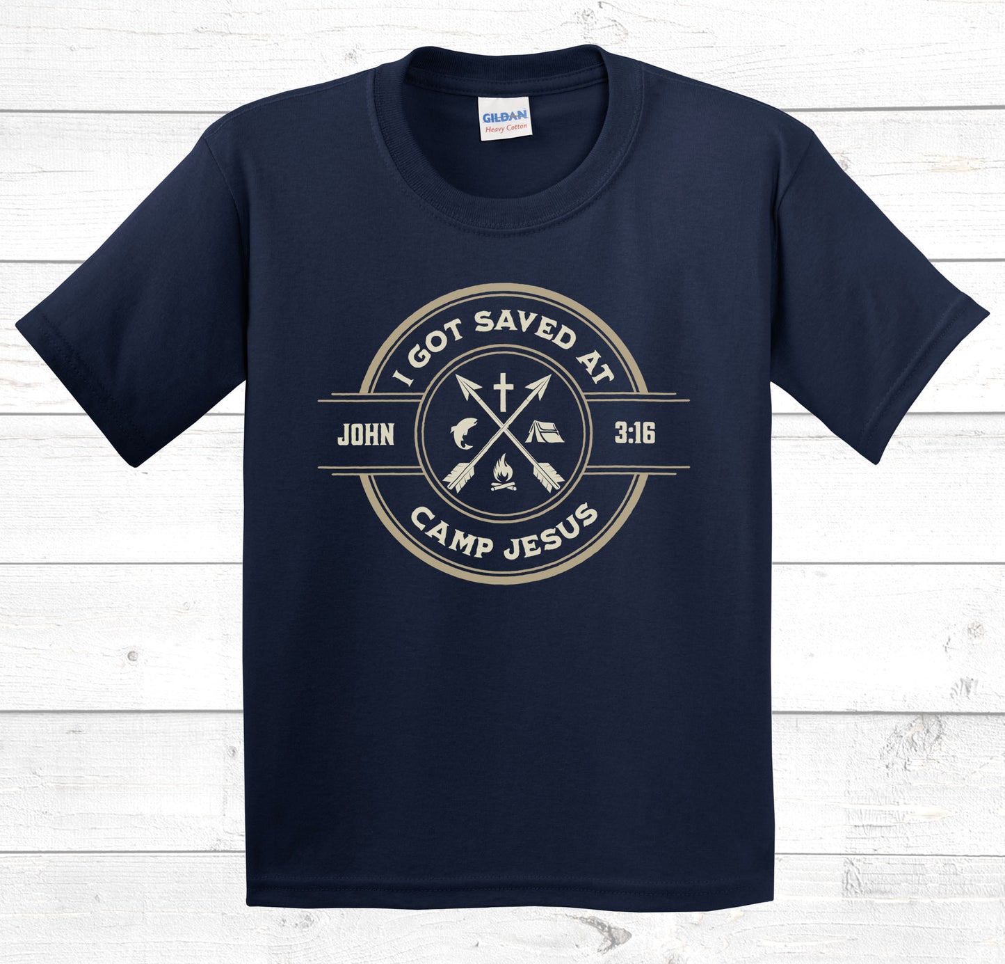 I Got Saved At Camp Jesus kids t-shirt in Navy