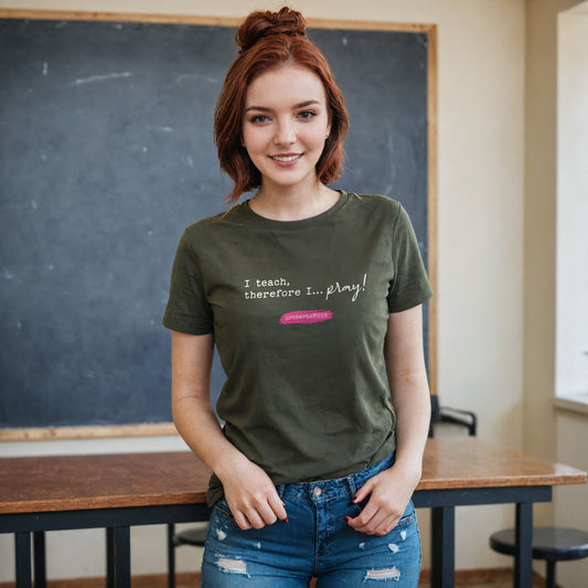 I Teach, Therefore I Pray t-shirt in dark olive