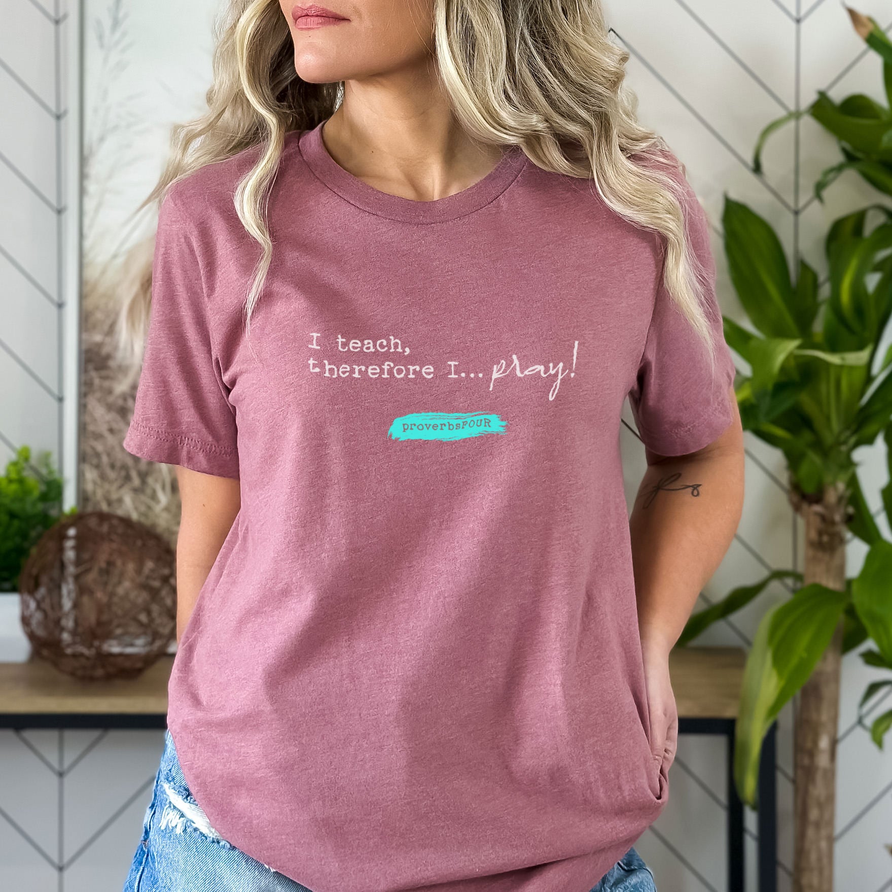 I Teach, Therefore I Pray t-shirt in heather mauve