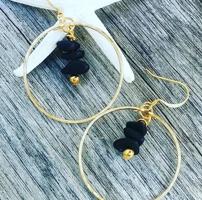 Black Sea glass hoop earrings